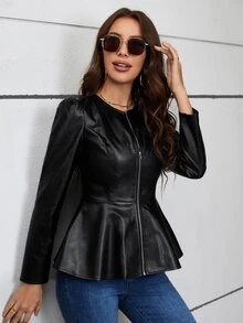 SHEIN Clasi Women's Black PU Leather Jacket,Elegant Puff Sleeve Peplum Coat For Winter,Everyday Casual Office Outfits,Classy Date Night Festival Outfits - Black - View 3