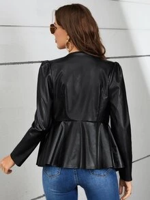 SHEIN Clasi Women's Black PU Leather Jacket,Elegant Puff Sleeve Peplum Coat For Winter,Everyday Casual Office Outfits,Classy Date Night Festival Outfits - Black - View 2