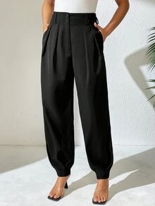 Structelle Women's Elegant High Waisted Double Button Decor Pleated Straight Leg Suit Pants, Casual, Spring/Autumn - Black - View 6