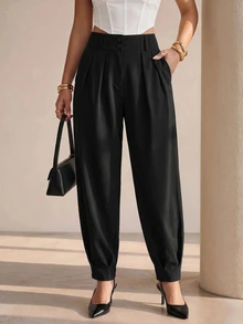 Structelle Women's Elegant High Waisted Double Button Decor Pleated Straight Leg Suit Pants, Casual, Spring/Autumn - Black - View 3