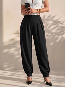 Structelle Women's Elegant High Waisted Double Button Decor Pleated Straight Leg Suit Pants, Casual, Spring/Autumn - Black - View 8