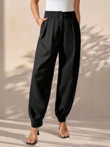 Structelle Women's Elegant High Waisted Double Button Decor Pleated Straight Leg Suit Pants, Casual, Spring/Autumn - Black - View 1