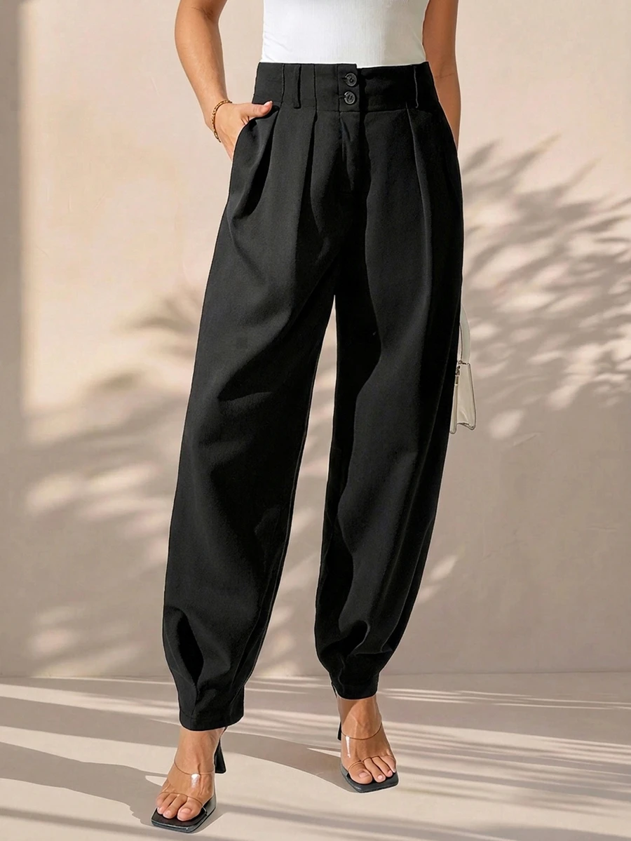 Structelle Women's Elegant High Waisted Double Button Decor Pleated Straight Leg Suit Pants, Casual, Spring/Autumn - Black - View 1