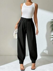 Structelle Women's Elegant High Waisted Double Button Decor Pleated Straight Leg Suit Pants, Casual, Spring/Autumn - Black - View 5