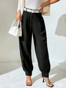 Structelle Women's Elegant High Waisted Double Button Decor Pleated Straight Leg Suit Pants, Casual, Spring/Autumn - Black - View 4