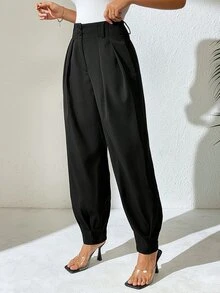 Structelle Women's Elegant High Waisted Double Button Decor Pleated Straight Leg Suit Pants, Casual, Spring/Autumn - Black - View 7