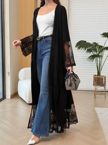 Yasmyna Women's Black V-Neck Lace Embroidered Patchwork Cardigan Long Robe, Layered Patchwork Flared Long Robe For Spring/Autumn Daily Commute And Date - Black - View 10