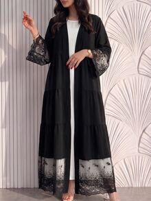 Yasmyna Women's Black V-Neck Lace Embroidered Patchwork Cardigan Long Robe, Layered Patchwork Flared Long Robe For Spring/Autumn Daily Commute And Date - Black - View 8