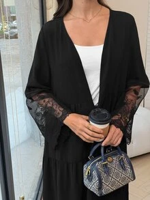 Yasmyna Women's Black V-Neck Lace Embroidered Patchwork Cardigan Long Robe, Layered Patchwork Flared Long Robe For Spring/Autumn Daily Commute And Date - Black - View 6