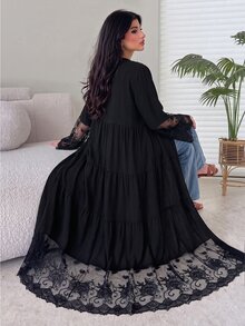 Yasmyna Women's Black V-Neck Lace Embroidered Patchwork Cardigan Long Robe, Layered Patchwork Flared Long Robe For Spring/Autumn Daily Commute And Date - Black - View 2