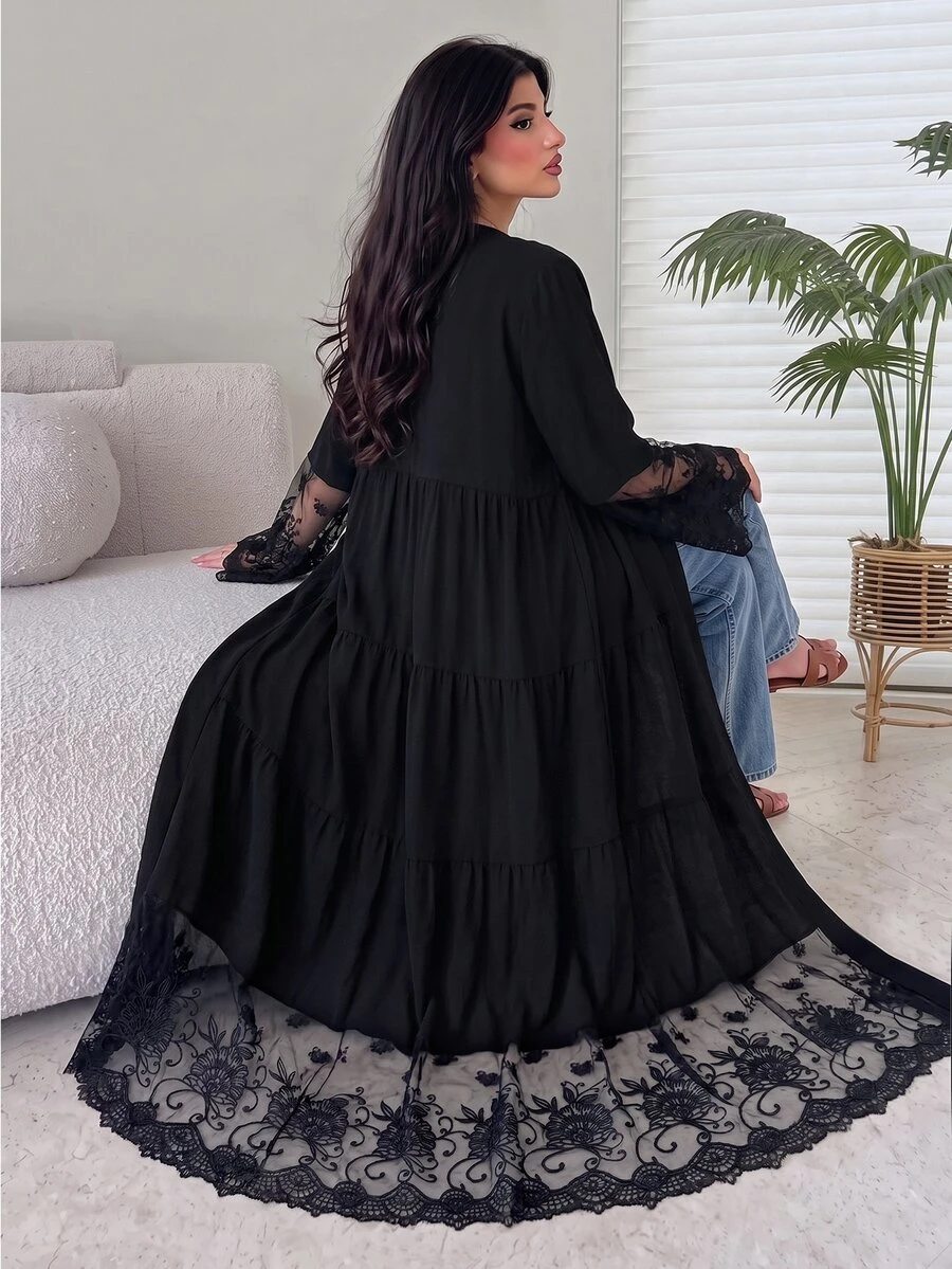 Yasmyna Women's Black V-Neck Lace Embroidered Patchwork Cardigan Long Robe, Layered Patchwork Flared Long Robe For Spring/Autumn Daily Commute And Date