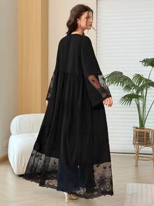 Yasmyna Women's Black V-Neck Lace Embroidered Patchwork Cardigan Long Robe, Layered Patchwork Flared Long Robe For Spring/Autumn Daily Commute And Date - Black - View 11