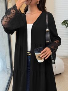 Yasmyna Women's Black V-Neck Lace Embroidered Patchwork Cardigan Long Robe, Layered Patchwork Flared Long Robe For Spring/Autumn Daily Commute And Date - Black - View 7