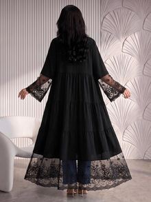 Yasmyna Women's Black V-Neck Lace Embroidered Patchwork Cardigan Long Robe, Layered Patchwork Flared Long Robe For Spring/Autumn Daily Commute And Date - Black - View 9