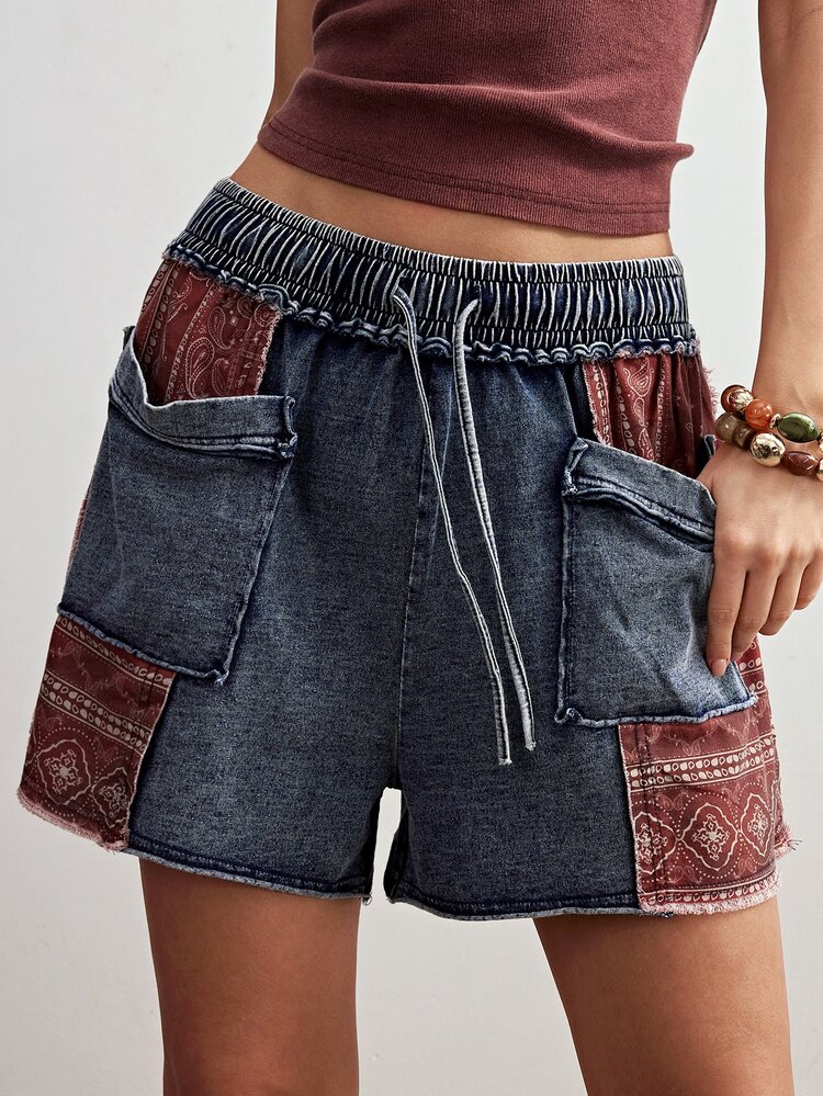 Bohemela Casual Boho Knit Patchwork Loose Wide-Leg Washed Shorts For Women Shorts Casual Vacation Beach Navy Blue Summer - Blue - View 4