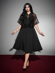 Whyspr Plus Size Women's Lapel + Tie Spider Web Pattern 2 Pieces Set, Halloween Party, Gothic / Punk, Subculture Daily Personalized Outfit Halloween Goth - Black - View 5