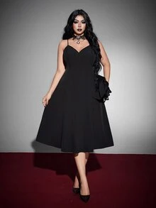 Whyspr Plus Size Women's Lapel + Tie Spider Web Pattern 2 Pieces Set, Halloween Party, Gothic / Punk, Subculture Daily Personalized Outfit Halloween Goth - Black - View 4