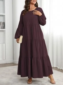Vionelle 大尺碼女款春夏純色圓領燈籠袖荷葉邊下擺寬鬆休閒長洋裝女裝 - 中紫紅色 - 查看 5
