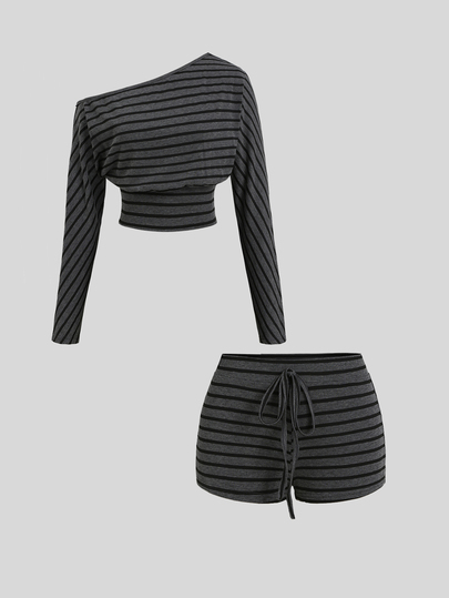 Sweetra Women's Streetwear Casual Grey Plaid Cinched Waist Asymmetrical Neck Top And Tie-Front Shorts Set Everyday Travel Autumn Y2K Subculture Stripes Beach