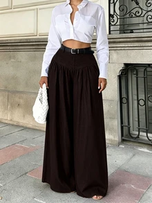 Elenzga French Style Drape Wide Leg Pants, Slimming Textured Navy Blue Elegant Commute Casual Women's Long Pants - Brown - View 2