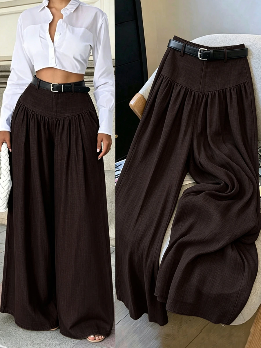 Elenzga French Style Drape Wide Leg Pants, Slimming Textured Navy Blue Elegant Commute Casual Women's Long Pants - Brown - View 1