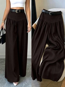 Elenzga French Style Drape Wide Leg Pants, Slimming Textured Navy Blue Elegant Commute Casual Women's Long Pants - Brown - View 7