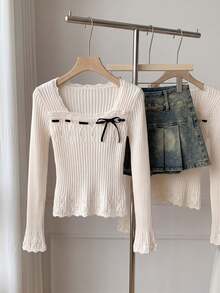 Elamini Sweater Rajut Wanita Musim Gugur/Dingin, Leher Persegi, Renda, Tekstur Bergaris, Potongan Ramping, Simpul Pita yang Manis dan Serbaguna - Baby Pink - View 5