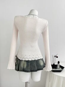 Elamini Sweater Rajut Wanita Musim Gugur/Dingin, Leher Persegi, Renda, Tekstur Bergaris, Potongan Ramping, Simpul Pita yang Manis dan Serbaguna - Baby Pink - View 3