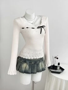 Elamini Sweater Rajut Wanita Musim Gugur/Dingin, Leher Persegi, Renda, Tekstur Bergaris, Potongan Ramping, Simpul Pita yang Manis dan Serbaguna - Baby Pink - View 8