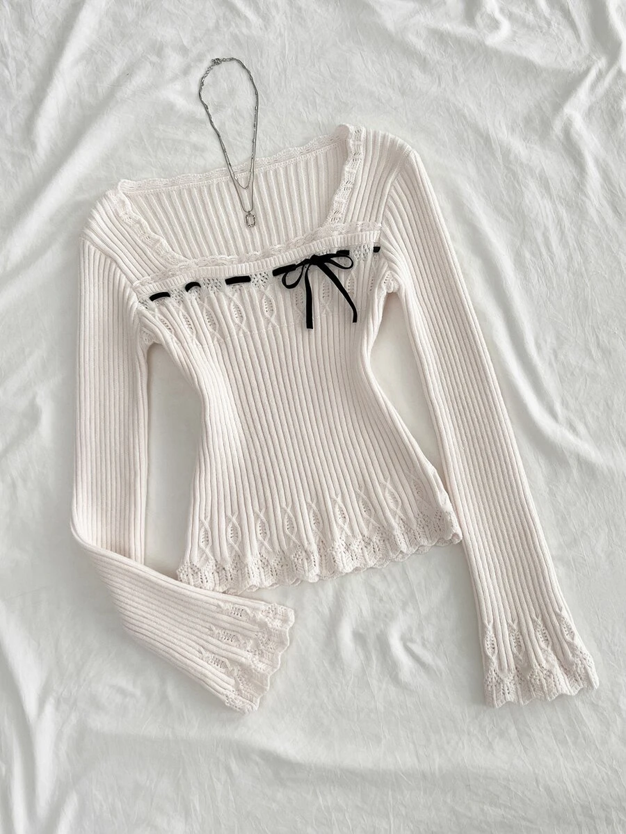 Elamini Sweater Rajut Wanita Musim Gugur/Dingin, Leher Persegi, Renda, Tekstur Bergaris, Potongan Ramping, Simpul Pita yang Manis dan Serbaguna
