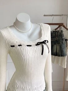 Elamini Sweater Rajut Wanita Musim Gugur/Dingin, Leher Persegi, Renda, Tekstur Bergaris, Potongan Ramping, Simpul Pita yang Manis dan Serbaguna - Baby Pink - View 4