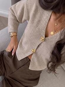 Aloruh Simple Fashionable Office Commuting Deep V Neck Long Sleeve Slim Button Cardigan Versatile Casual Elegant Knitted Sweater Autumn Beige Teachers' Day - Khaki - View 1