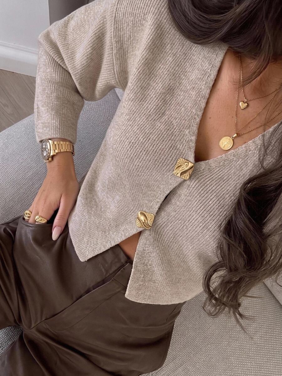 Aloruh Simple Fashionable Office Commuting Deep V Neck Long Sleeve Slim Button Cardigan Versatile Casual Elegant Knitted Sweater Autumn Beige Teachers' Day - Khaki - View 1