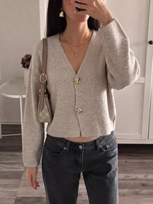 Aloruh Simple Fashionable Office Commuting Deep V Neck Long Sleeve Slim Button Cardigan Versatile Casual Elegant Knitted Sweater Autumn Beige Teachers' Day - Khaki - View 5