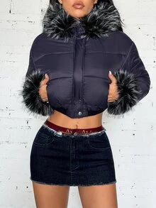 SHEIN DivaQ Jaket Pendek Berbantalan dengan Kerah Bulu, Gaya Kasual Streetwear Musim Gugur/Dingin Wanita Era 2000-an - Navy Blue - View 3