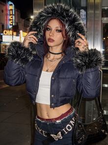SHEIN DivaQ Jaket Pendek Berbantalan dengan Kerah Bulu, Gaya Kasual Streetwear Musim Gugur/Dingin Wanita Era 2000-an - Navy Blue - View 1