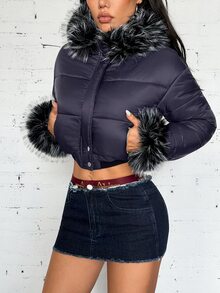 SHEIN DivaQ Jaket Pendek Berbantalan dengan Kerah Bulu, Gaya Kasual Streetwear Musim Gugur/Dingin Wanita Era 2000-an - Navy Blue - View 4