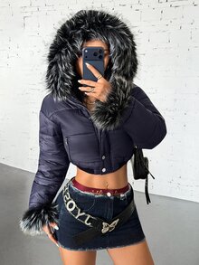 SHEIN DivaQ Jaket Pendek Berbantalan dengan Kerah Bulu, Gaya Kasual Streetwear Musim Gugur/Dingin Wanita Era 2000-an - Navy Blue - View 6