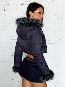 SHEIN DivaQ Jaket Pendek Berbantalan dengan Kerah Bulu, Gaya Kasual Streetwear Musim Gugur/Dingin Wanita Era 2000-an - Navy Blue - View 2