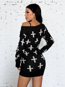 EgrlEra Women's Halloween Cross Pattern Autumn/Winter Young Gothic Cross Element Wide Collar Knitted Bodycon Dress - Black and White - View 2
