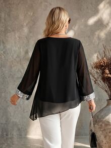 Ceyna Plus Size Women's Mesh Patchwork Casual Celestial Elegant Versatile Blouse Date Night Going Out Party Formal Black Summer - Black - View 2