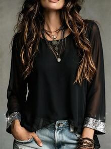 Ceyna Plus Size Women's Mesh Patchwork Casual Celestial Elegant Versatile Blouse Date Night Going Out Party Formal Black Summer - Black - View 8