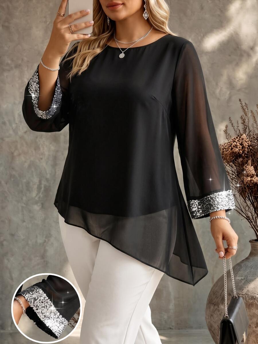Ceyna Plus Size Women's Mesh Patchwork Casual Celestial Elegant Versatile Blouse Date Night Going Out Party Formal Black Summer - Black - View 1