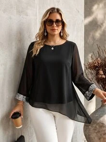 Ceyna Plus Size Women's Mesh Patchwork Casual Celestial Elegant Versatile Blouse Date Night Going Out Party Formal Black Summer - Black - View 6