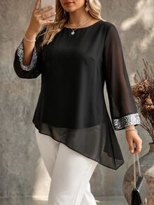 Ceyna Plus Size Women's Mesh Patchwork Casual Celestial Elegant Versatile Blouse Date Night Going Out Party Formal Black Summer - Black - View 7