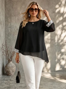 Ceyna Plus Size Women's Mesh Patchwork Casual Celestial Elegant Versatile Blouse Date Night Going Out Party Formal Black Summer - Black - View 4