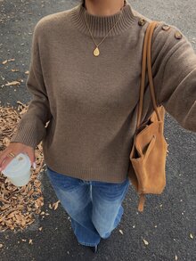 Autumina Women's Casual Commute Minimalist Drop Shoulder Loose Semi-High Neck Sweater - Coffee Brown - View 4