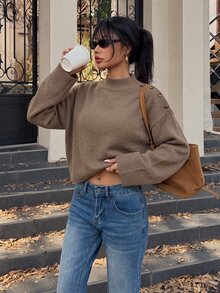 Autumina Women's Casual Commute Minimalist Drop Shoulder Loose Semi-High Neck Sweater - Coffee Brown - View 1