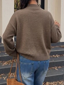 Autumina Women's Casual Commute Minimalist Drop Shoulder Loose Semi-High Neck Sweater - Coffee Brown - View 2