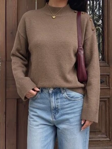 Autumina Women's Casual Commute Minimalist Drop Shoulder Loose Semi-High Neck Sweater - Coffee Brown - View 5